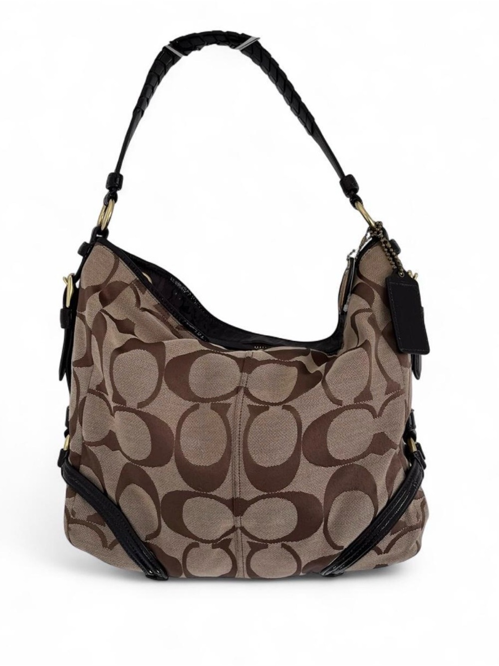 Coach Brown Signature Canvas Hobo with Black Trim